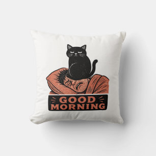 Linocut Sarcastic Black Cat Good Morning Meme Cushion