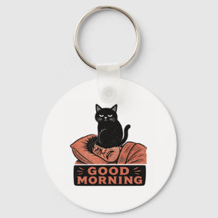 Linocut Sarcastic Black Cat Good Morning Meme Key Ring