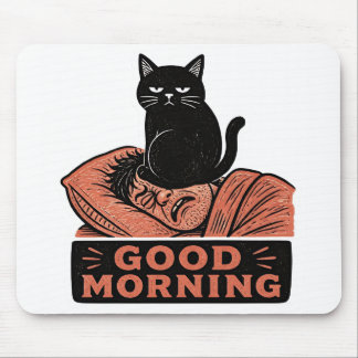 Linocut Sarcastic Black Cat Good Morning Meme Mouse Pad