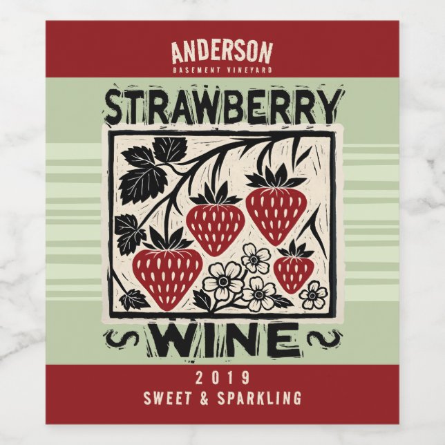 Linocut strawberry homemade wine shrub cordial label (Single Label)