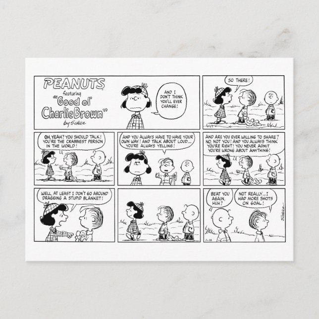 Linus Tells Lucy She's Crabby Postcard (Front)