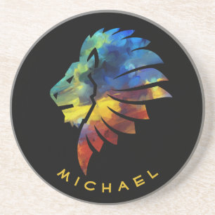 Lion abstract colourful art king crown for men coaster