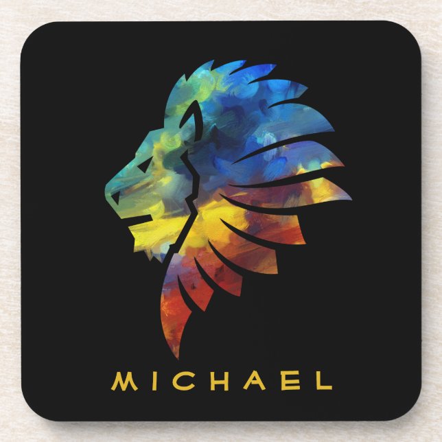 Lion abstract colourful art king crown for men coaster (Front)