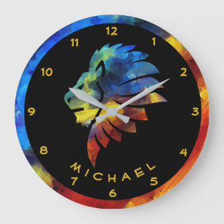 Lion abstract colourful art king crown for men large clock