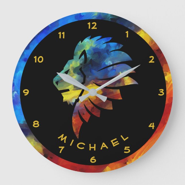 Lion abstract colourful art king crown for men  large clock (Front)