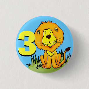 Lion age 3 birthday button orange yellow blue