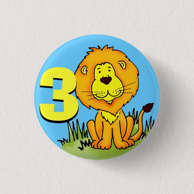 Lion age 3 birthday button orange yellow blue (Front)