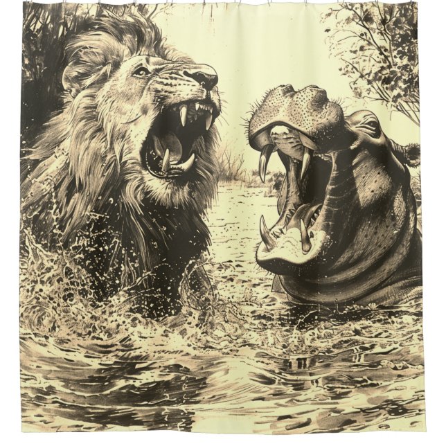 Lion and a Hippo Fighting Shower Curtain (Front)