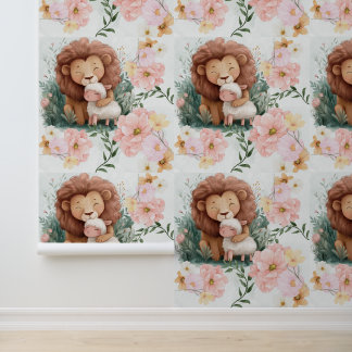 Lion And Baby Lamb Illustration For Nursery Room Wallpaper