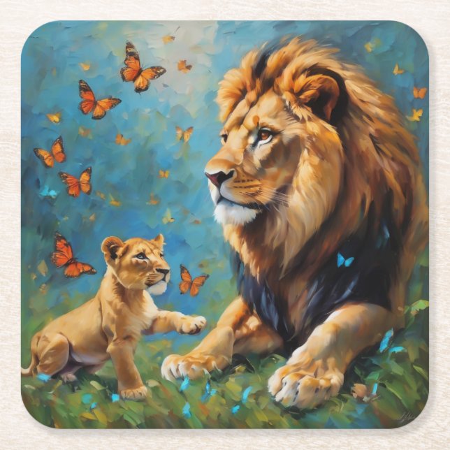Lion And Cub Square Paper Coaster (Front)