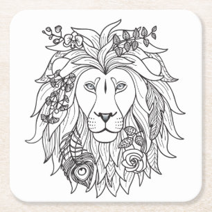 Lion And Flowers Doodle Square Paper Coaster