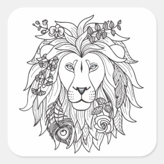 Lion And Flowers Doodle Square Sticker