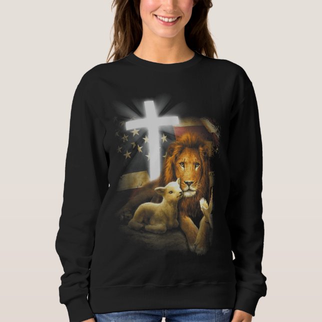 Lion And Lamb Cross Jesus Christ Sweatshirt (Front)