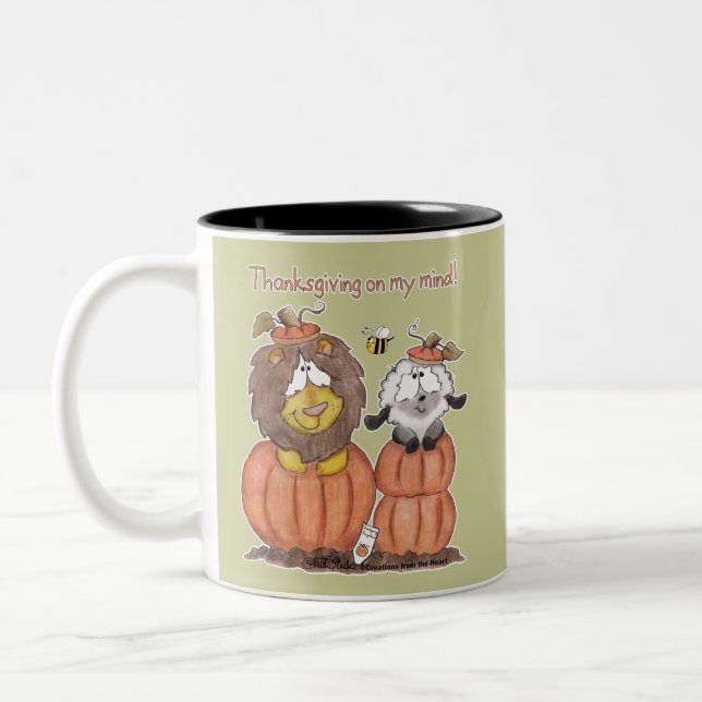 Lion and Lamb in Pumpkins Two-Tone Coffee Mug (Left)