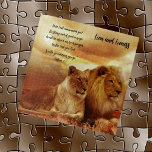 Lion and Lioness Jig Puzzle Bible Verse<br><div class="desc">Regal Lion and Lioness jigsaw puzzle, with scripture Joshua 1:9 "Have I not commanded you? Be strong and of good courage; do not be afraid, nor be dismayed, for the Lord your God is with you wherever you go.” Background shades of browns and gold! An encouraging scripture to claim for...</div>