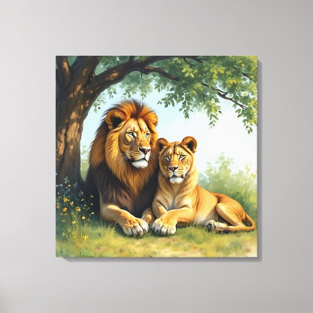 Lion and Lioness Under a Tree Canvas Print (Front)