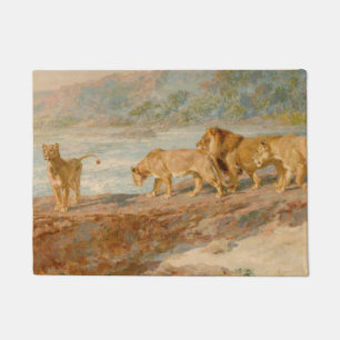Lion and Lionesses on the Bank of an African River Doormat