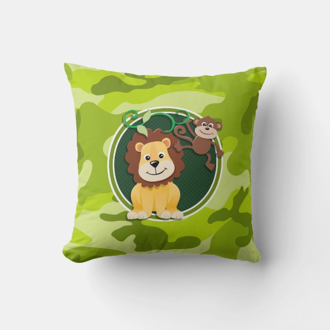 Lion and Monkey; bright green camo, camouflage Cushion (Front)