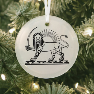Lion and Sun emblem of Iran - black and white Glass Tree Decoration
