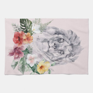 Lion Animal Flowers Tea Towel