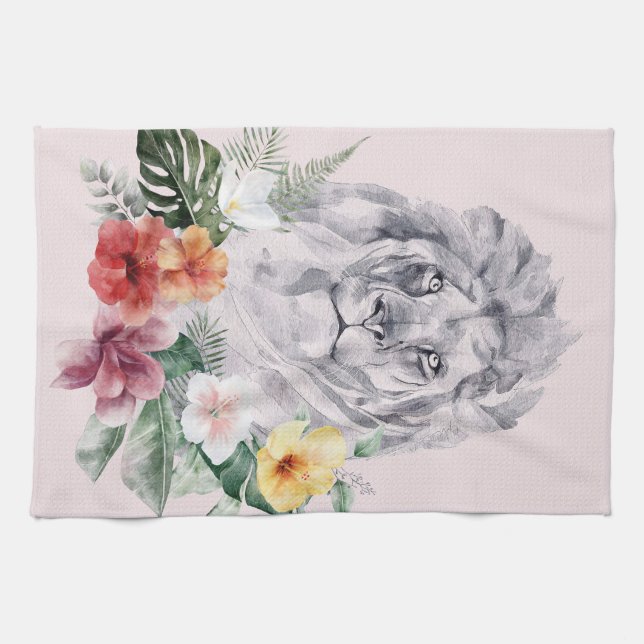 Lion Animal Flowers Tea Towel (Horizontal)