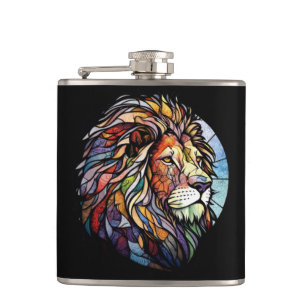 Lion Animal Portrait Stained Glass Wildlife Forest Hip Flask
