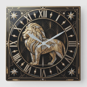 Lion Art Deco Luxury Black and Gold Square Wall Clock