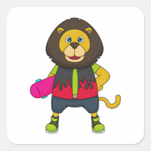 Lion as Skater with Skateboard Square Sticker