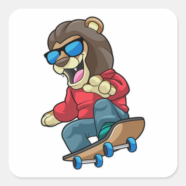 Lion as Skater with Skateboard Square Sticker (Front)