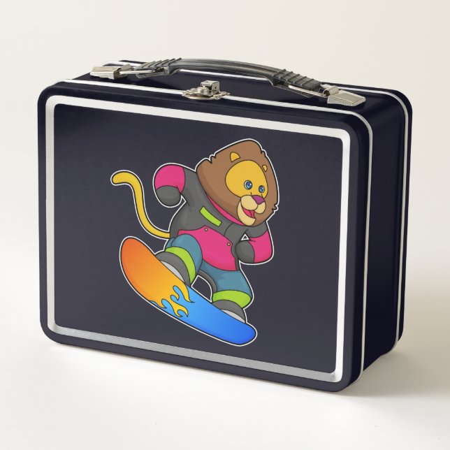 Lion as Snowboarder with Snowboard Metal Lunch Box (Front)