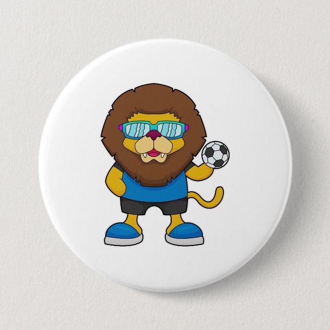 Lion as Soccer player with Soccer 7.5 Cm Round Badge (Front)
