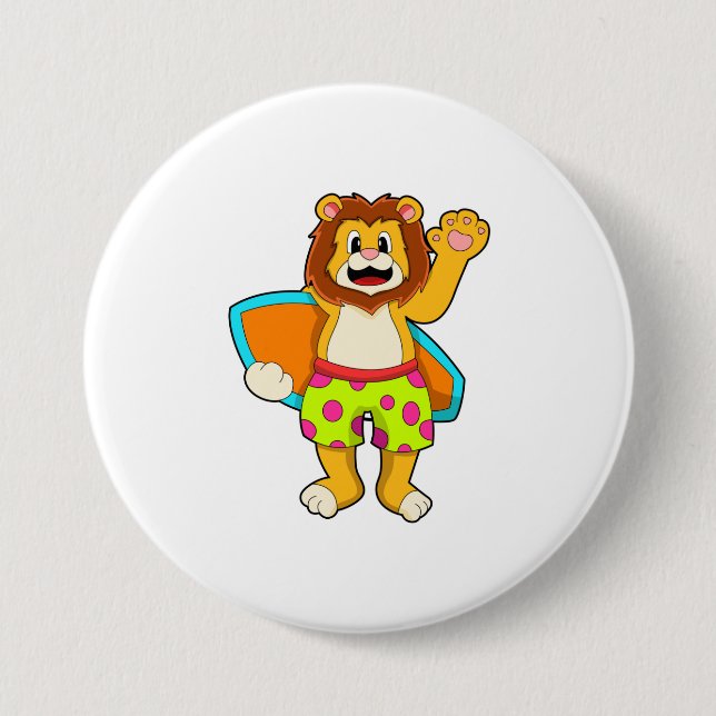 Lion as Surfer with Surfboard 7.5 Cm Round Badge (Front)