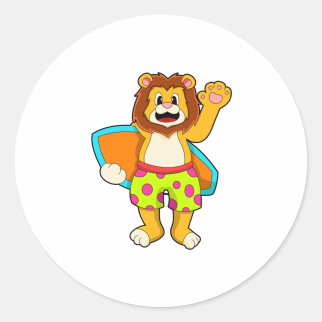 Lion as Surfer with Surfboard Classic Round Sticker (Front)