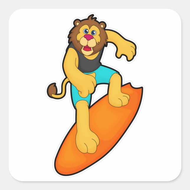 Lion as Surfer with Surfboard Square Sticker (Front)