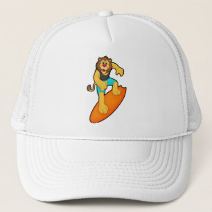 Lion as Surfer with Surfboard Trucker Hat