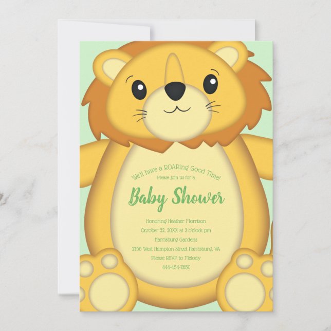 Lion Baby Shower Green Invitation (Front)