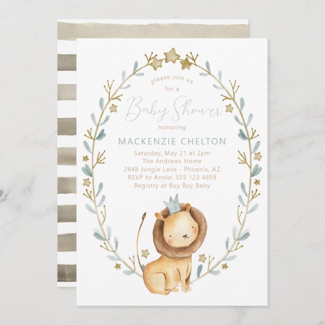 Lion Baby Shower Invitation - Jungle Animal Theme (Front/Back)