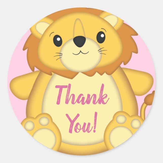 Lion Baby Shower Pink Classic Round Sticker (Front)