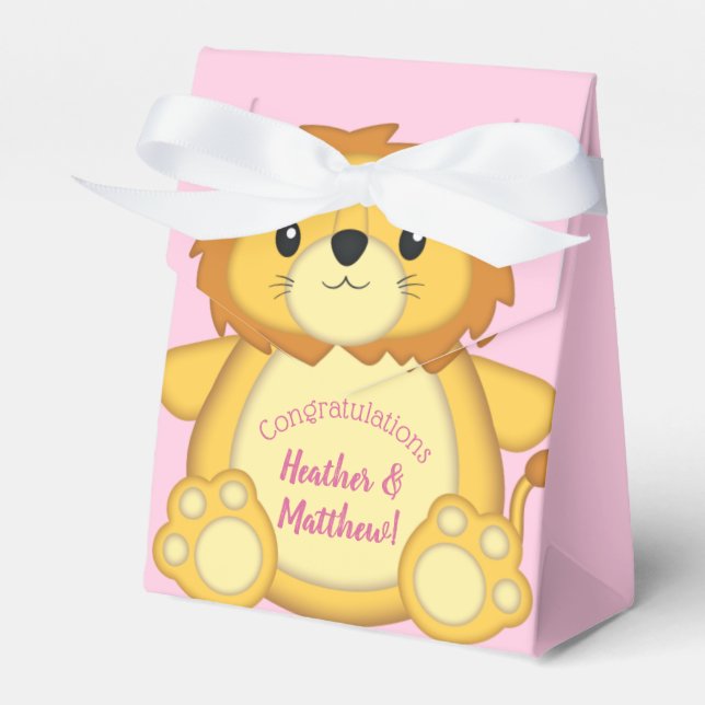 Lion Baby Shower Pink Favour Box (Front Side)