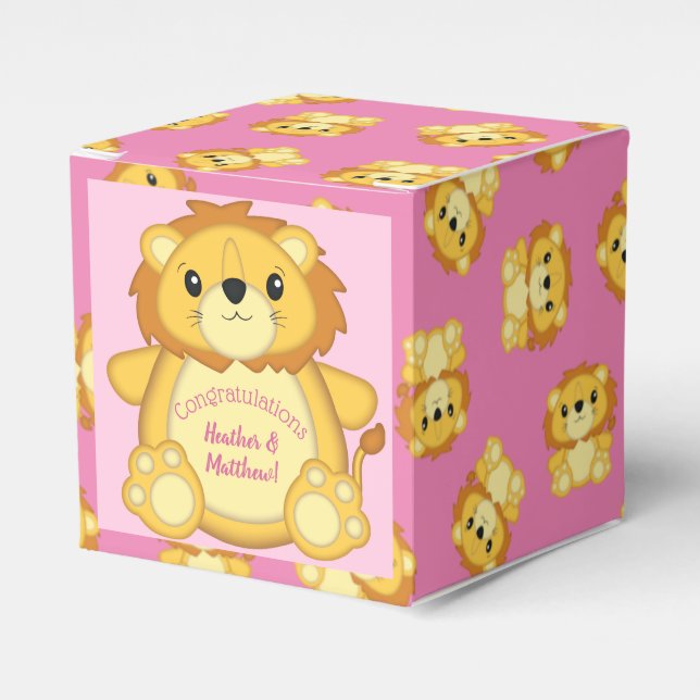 Lion Baby Shower Pink Favour Box (Front Side)