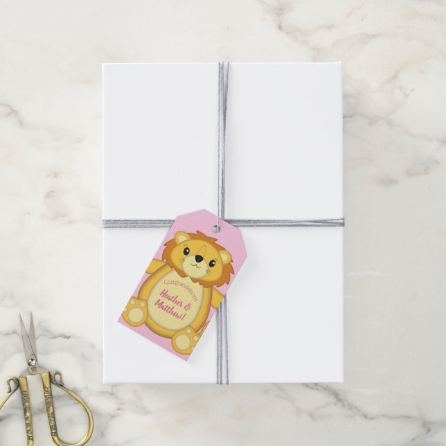 Lion Baby Shower Pink Gift Tags (With Twine)