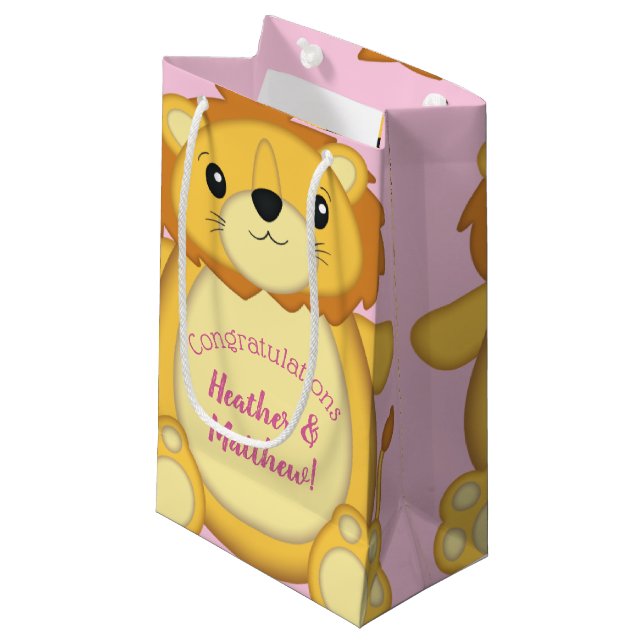 Lion Baby Shower Pink Small Gift Bag (Front Angled)