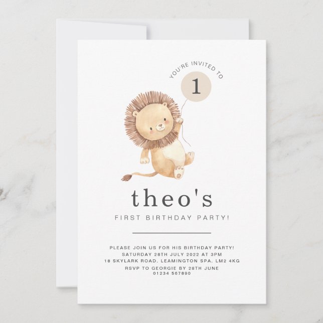 Lion Balloon First Birthday Invitation (Front)