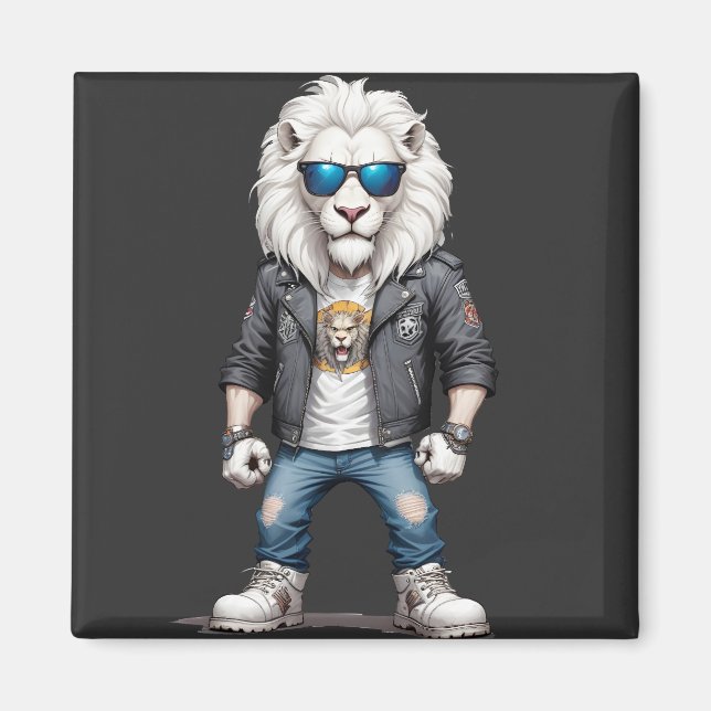 Lion Biker Rebel in Leather Jacket Cool Style Magnet (Front)
