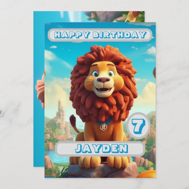 Lion Birthday Card Personalised Kids Name Age (Front/Back)