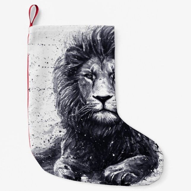 Lion black and white illustration. small christmas stocking (Front)