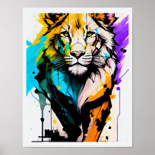 Lion black purple blue shapes lines paints plash  poster