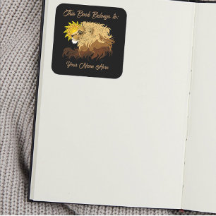 Lion Black Yellow Mandala Sun Bookplate Square Sticker