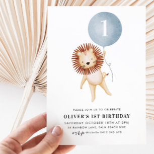 Lion Blue Balloon Boys 1st Birthday Party Invitation