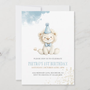 Lion Blue Boys Watercolor Birthday Invitation
